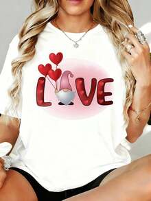 Camiseta de San Valentín Love Gnome para Mujer, Talla Grande, con Gráfico de Corazón y Globo, Camiseta Casual para el Día de San Valentín, 180g, para el Hogar, Aire Libre, Regalo para Fiesta de San Valentín - Blanco - Ver 7