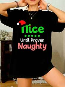 Camiseta de algodón de gran tamaño para mujer con estampado gráfico divertido 'Bonita hasta que se demuestra que es traviesa', de manga corta, casual, para uso diario, regalo para ella. - Negro - Ver 7