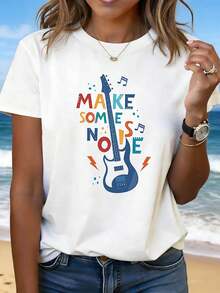 HAZ ALGO DE RUIDO Camiseta de mujer de primavera/verano de corte holgado con estampado de guitarra de diseño colorido y contrastante. Adecuada para festivales de música, presentaciones de bandas, atuendos musicales cotidianos, fiestas temáticas de rock y se puede usar para el transporte diario. - Blanco - Ver 7