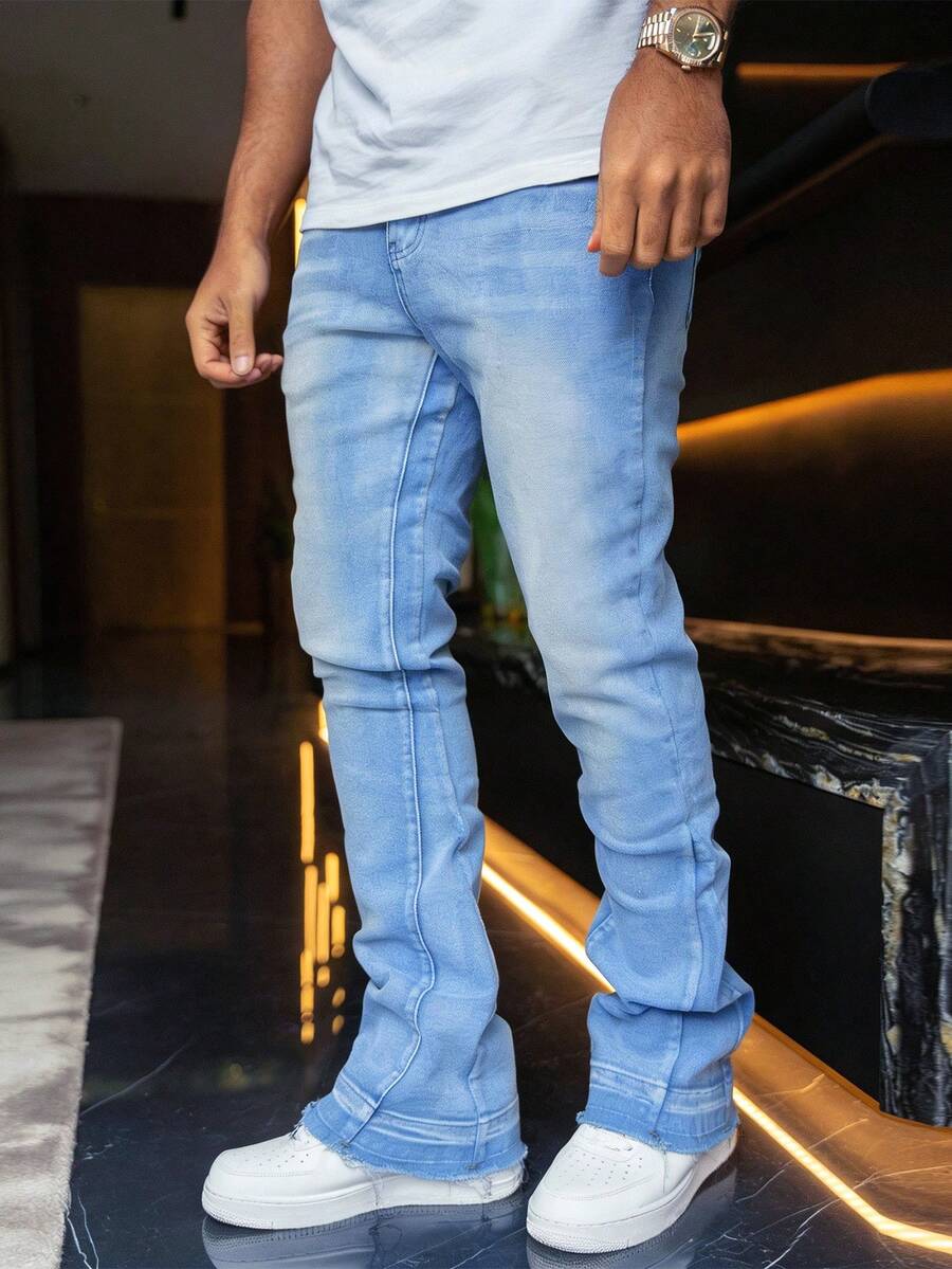 Celana Jeans Denim Stretch Slim Fit Pria, Gaya Jalanan Kasual dengan Efek Usang, Cocok untuk Semua Musim - Baby Blue - View 1