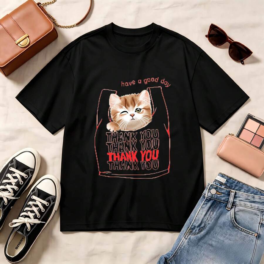 Kawaii Cat Lovers, Retro Thank You Print, 100% Cotton Oversized Soft Breathable Casual Crewneck, Short Sleeve Top, Summer Vibes Streetwear Aesthetic - Negro - Ver 1