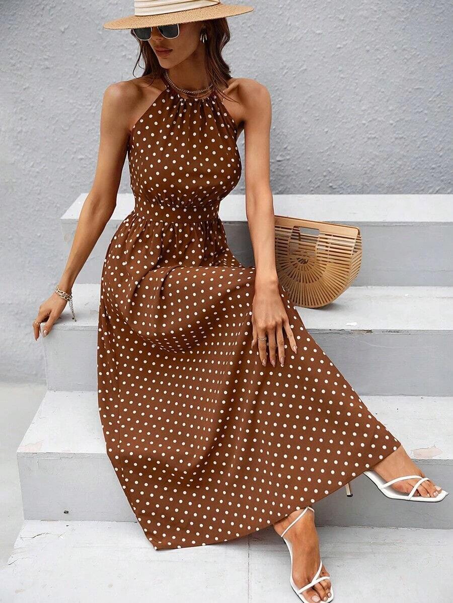 Vestido largo con estampado de lunares y cuello halter para mujer - Marrón - Ver 1