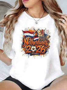 Bandera de Países Bajos con molino balón de fútbol tulipanes león y fuegos artificiales que celebran el espíritu nacional en 2026 camiseta de mujer casual moderna y cómoda - Negro - Ver 6