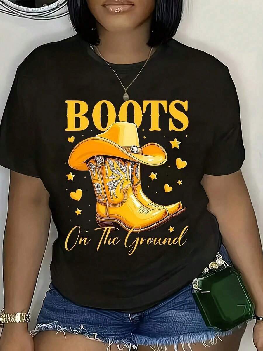 [Imitación de Mezclilla] Camiseta Gráfica de Estilo Vaquero Occidental para Mujer - Top de Manga Corta con Estampado de Mezclilla Suave y Elástica, Diseño de Botas de Vaquero y Herradura, Lema "Botas en el Suelo", Camiseta Casual de Cuello Redondo para Todas las Temporadas: Primavera, Verano, Otoño - Negro - Ver 1