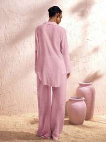 Pantalones anchos de verano para mujer con cintura anudada y unicolor - Rosa - Ver 2