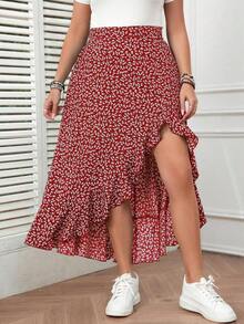 Falda casual de verano para mujer de talla grande con diseño de cintura alta, estampado floral diminuto y largo en la parte trasera, ideal para bodas, vacaciones y resorts de estilo bohemio - Rojo - Ver 6