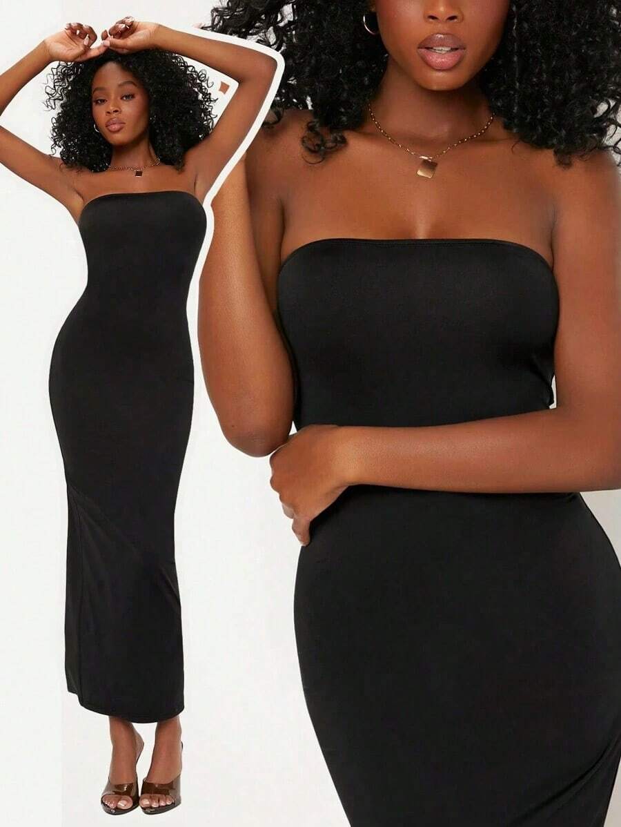Vestido Sólido Estilo Tubo Para Cena O Citas Casuales - Negro - Ver 1