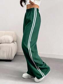 Pantalones informales de mujer con pierna suelta y efecto de contraste de color, para primavera/verano - Verde - Ver 3