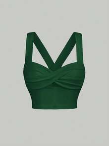 Blusa de verano con tirantes anchos, detalle de retorcido en la parte delantera y tirantes anchos - Verde Oscuro - Ver 5