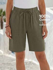 Bermudas, unicolor, con bolsillos laterales, corte holgado, longitud hasta la rodilla, cintura media, estilo básico - Verde militar - Ver 6