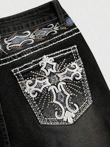 1ROMWE Grunge Punk Spring Black Y2K Retro Xplosion Pocket Cross Wing Embroidery Slim Fit Flare Leg Low Waist Jeans For Women 0GUN - 黑色 - 查看 4