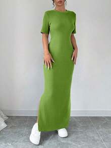 Vestido largo de mujer de manga corta con cuello en V y bajo dividido, de unicolor, vestido maxi elegante de color burdeos, vestido largo ajustado, vestido largo rojo, vestido maxi de manga corta para mujer, vestidos de mujer, vestido largo ajust - Verde - Ver 6