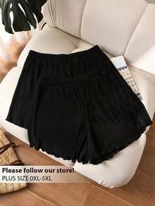 Shorts plisados de talla grande de verano con estampado de leopardo y unicolor - Negro - Ver 1