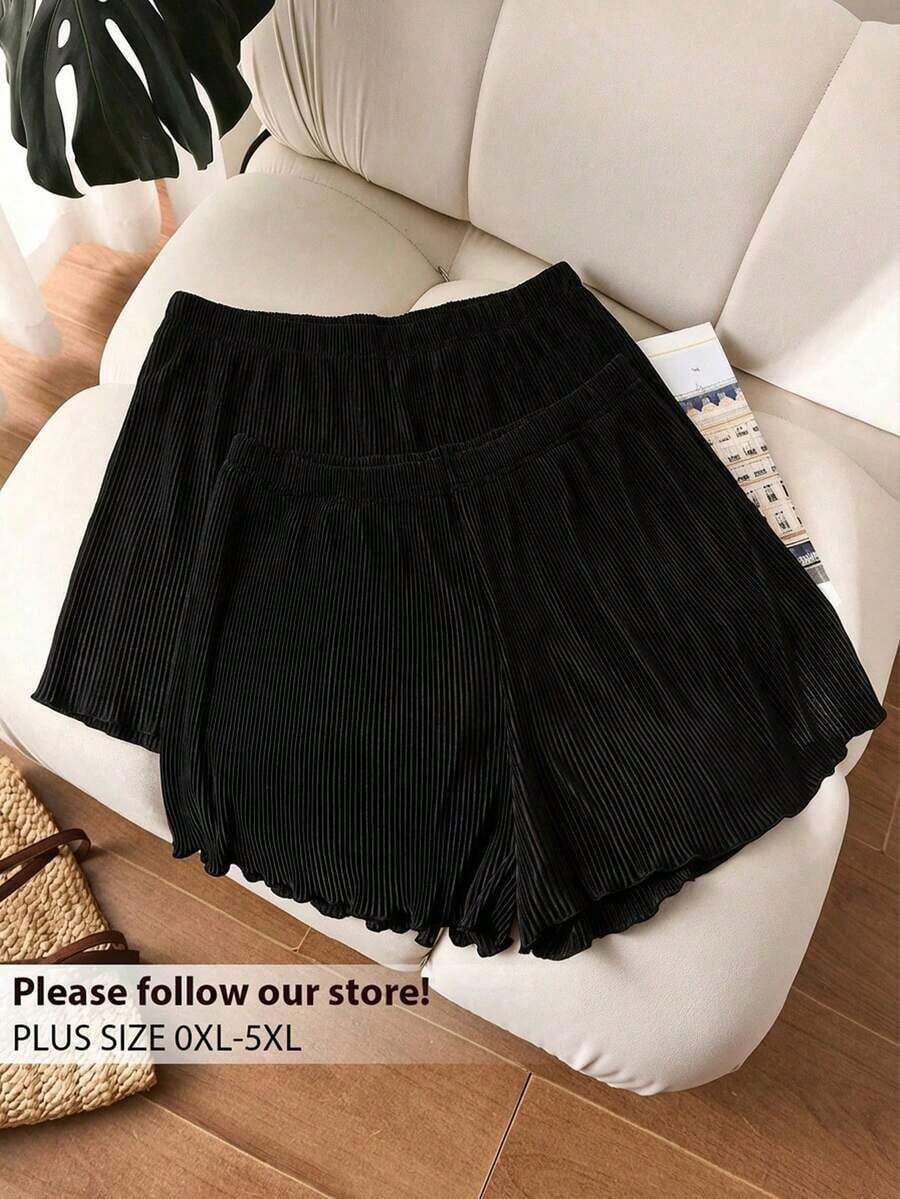 Shorts plisados de talla grande de verano con estampado de leopardo y unicolor - Negro - Ver 1