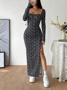 Vestido largo con cuello cuadrado, manga larga y bajo con abertura, estampado de leopardo, para uso casual diario en otoño/invierno - Blanco y Negro - Ver 6