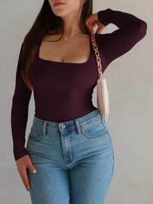 Camiseta ajustada de manga larga con cuello cuadrado para mujer, primavera/verano Y2K, unicolor, sexy, adecuada para el Día de San Valentín y uso casual - Morado - Ver 8