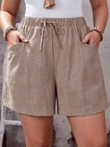 Pantalones cortos de verano de color azul marino sólido con bolsillos para mujeres de talla grande, vacaciones de verano, vacaciones de primavera, vacaciones para mujeres, salir, 2026 nuevo, simple y de moda para uso diario, pantalones cortos b - Gris - Ver 8