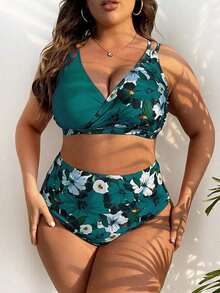 Conjunto de bikini con estampado tropical para la playa de verano en tallas grandes - Agua verde azul - Ver 1