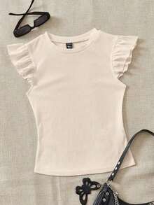 Set de 2 tops de camiseta de cuello redondo ajustados de tela acanalada en negro y rojo rosa, apropiados para verano con mangas con volantes, adecuados para salir - Multicolor 10 - Ver 4