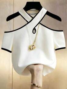 Camiseta de moda con escote descubierto y ribete de contraste para mujer, de verano - Blanco y Negro - Ver 6