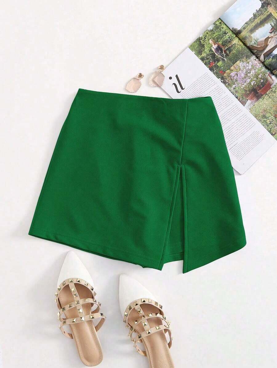 Falda corta con cintura elástica y abertura frontal - Verde - Ver 1