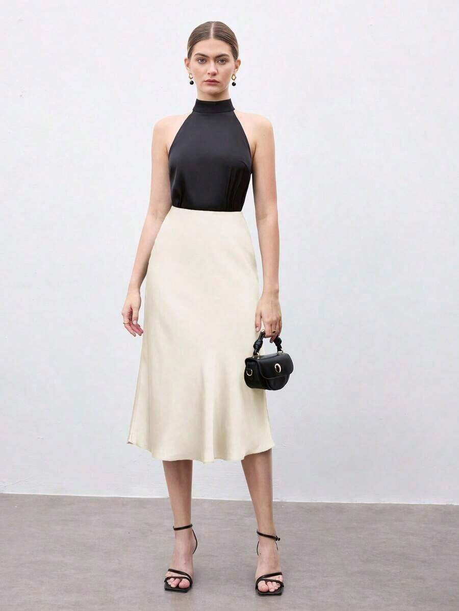 Falda negra básica de corte evasé para mujer, adecuada para el transporte urbano, negocios, uso casual, oficina, y atuendo formal elegante para mujer - Albaricoque - Ver 1
