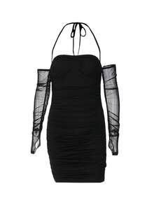 Womenacute;S Summer Halter Bodycon Dress, Solid Color Off Shoulder Low Cut Long Sleeve Ruched Mini Short Dress For Party - Black - View 3