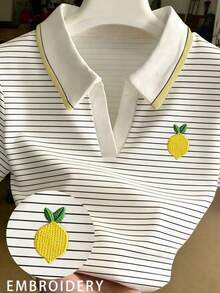 Blusa casual de uso diario versátil con rayas y bordado de limón para mujer - Multicolor 3 - Ver 1