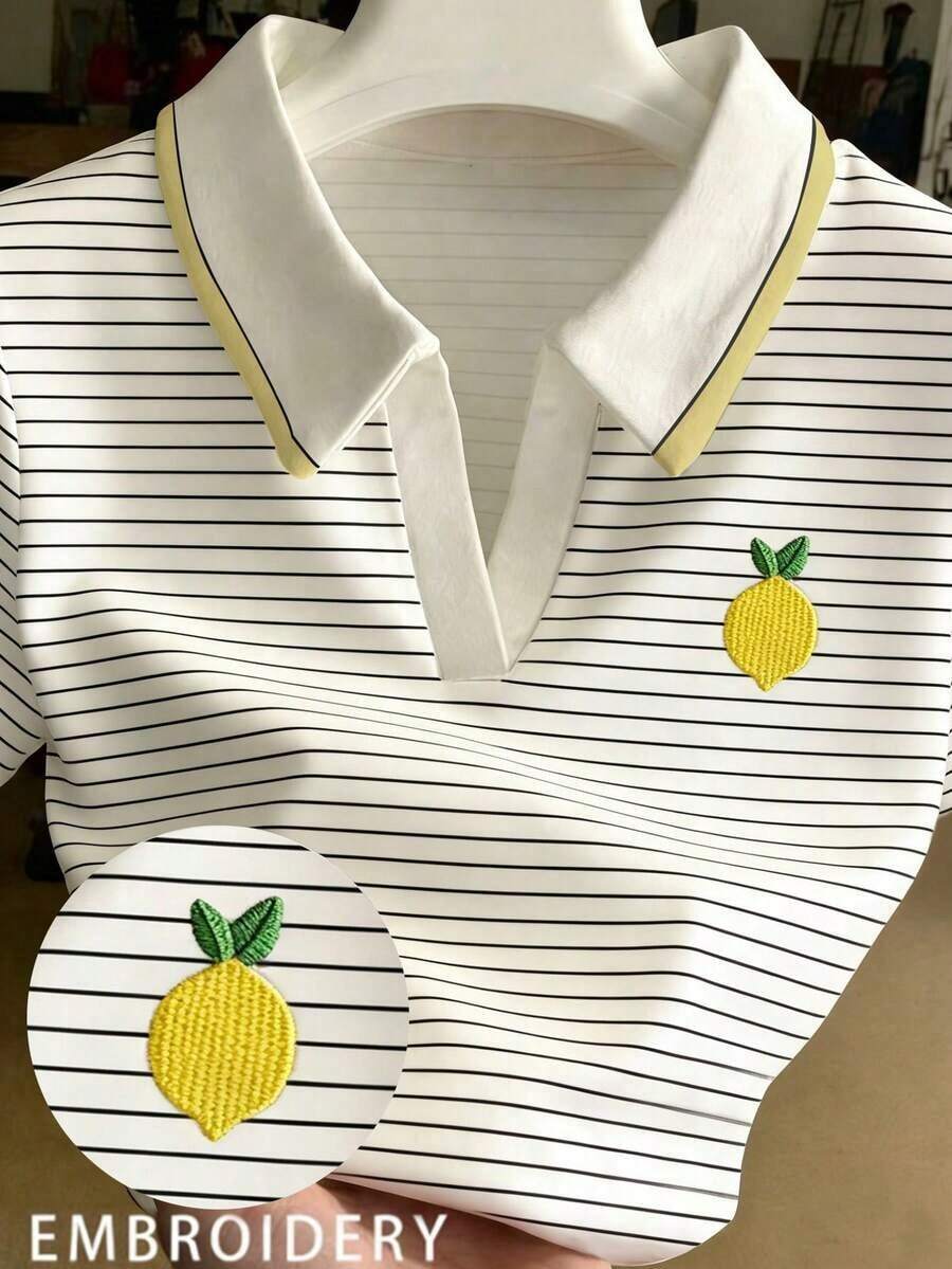 Blusa casual de uso diario versátil con rayas y bordado de limón para mujer - Multicolor 3 - Ver 1