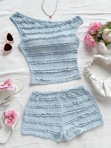 Conjunto de 2 piezas para vacaciones primavera/verano de mujer: Top corto asimétrico de hombro de punto a rayas rojas y blancas y shorts ajustados de tiro súper bajo, adecuado para fiesta, Navidad, San Valentín, cita, playa, crucero, carnaval, Pasc - Azul - Ver 5