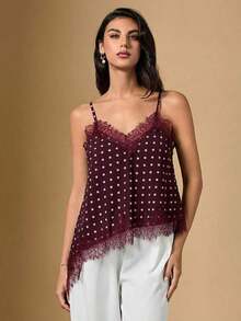 2026 Nuevo Llegado Verano Elegante Blusa de Satén a Lunares para Mujer con Tirantes de Encaje Contrastante y Bajo Asimétrico de Longitud Regular/Blusa Asimétrica de Verano, Blusa de Salida de Verano para Mujer, Vacaciones de Primavera, Blusa Eleg - Rojo - Ver 4