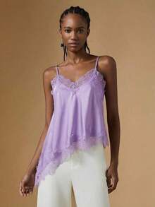 2026 Nuevo Llegado Verano Elegante Blusa de Satén a Lunares para Mujer con Tirantes de Encaje Contrastante y Bajo Asimétrico de Longitud Regular/Blusa Asimétrica de Verano, Blusa de Salida de Verano para Mujer, Vacaciones de Primavera, Blusa Eleg - Púrpura malva - Ver 7