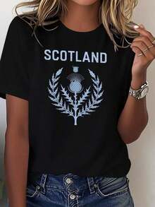 Women's T-Shirt With Scottish Thistle And Flag Print - 100% Pure Casual T-Shirt With Scottish Emblem Print (Celtic Knot), Scotland Lettering And St. Andrew's Cross - Scottish Heritage Garment For All Seasons, Gift For Birthdays, Christmas, Mother's Day And Valentine's Day, Casual Black Short-Sleeved Crew Neck T-Shirt. - 黑色 - 查看 7