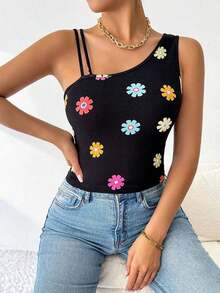 Blusa ajustada sin mangas con cuello asimétrico y estampado floral, para verano - Multicolor - Ver 6