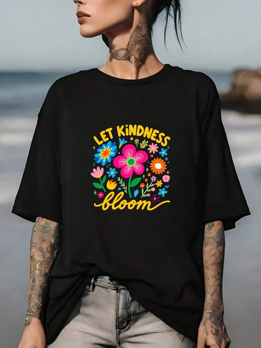 Women's "Let Kindness Bloom" Graphic T-Shirt, 180g, Soft And Comfortable, Casual Summer T-Shirt, Perfect For Family Gatherings And Fun Gifts For Team Building Activities For Her - 黑色 - 查看 1