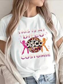 Una camiseta ligera con un divertido estampado de atuendo disco, perfecta para mujeres. Perfecto para fiestas, discotecas o salidas informales en casa o al salir a cenar. 180g 100% Algodón. - Blanco - Ver 12