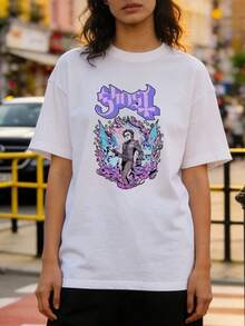 Ropa de verano para mujer, camiseta de algodón suave y casual con cuello redondo, estampado de la banda de rock Ghost, Papa Emeritus, edición limitada exclusiva de rock, camiseta vintage lavada con cuello redondo, camiseta con estampado de Ghost para hombre, ropa casual diaria, tela de alta calidad, transpirable y absorbente de sudor, amigable con la piel y cómoda, resistente a las arrugas y duradera, para todas las estaciones. Negro - Blanco - Ver 3