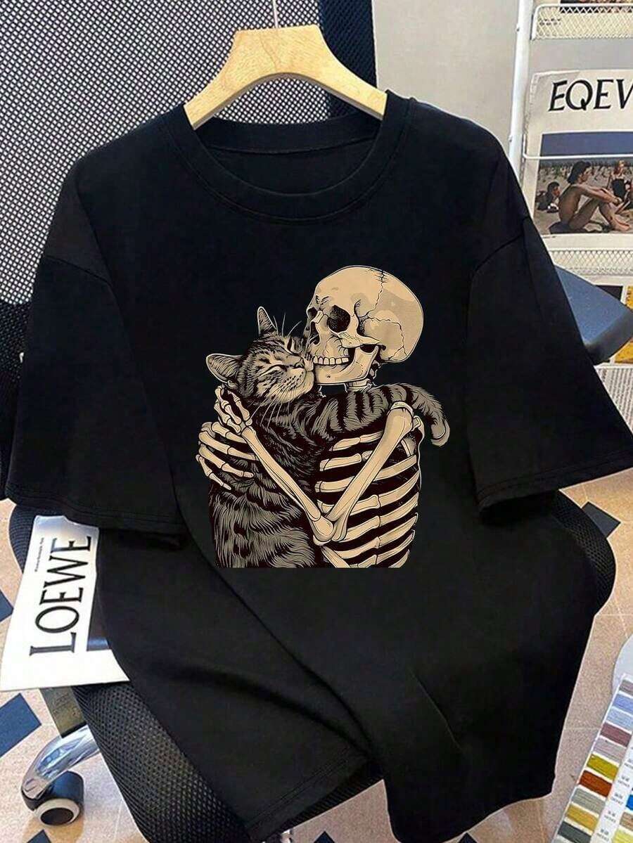 Camiseta casual de cuello redondo con estampado de calavera y gato para mujer de talla grande, adecuada para vacaciones de verano, playa, días festivos, primavera, Día de San Valentín, Carnaval, regalo del Día de la Madre en color negro - Negro - Ver 1
