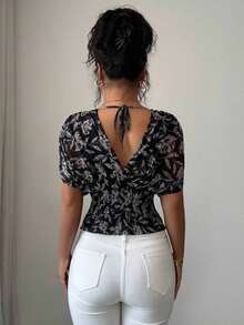 Blusa sexy con mangas de murciélago plisadas y ajustadas - Azul marino - Ver 9