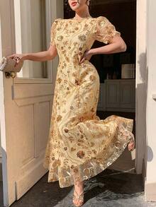Vestido de mujer con decoración de encaje floral completo para vacaciones, ropa de verano para mujer, vestido de graduación, vestido de invitada de boda para mujer, vestido de cóctel de verano - Dorado - Ver 6