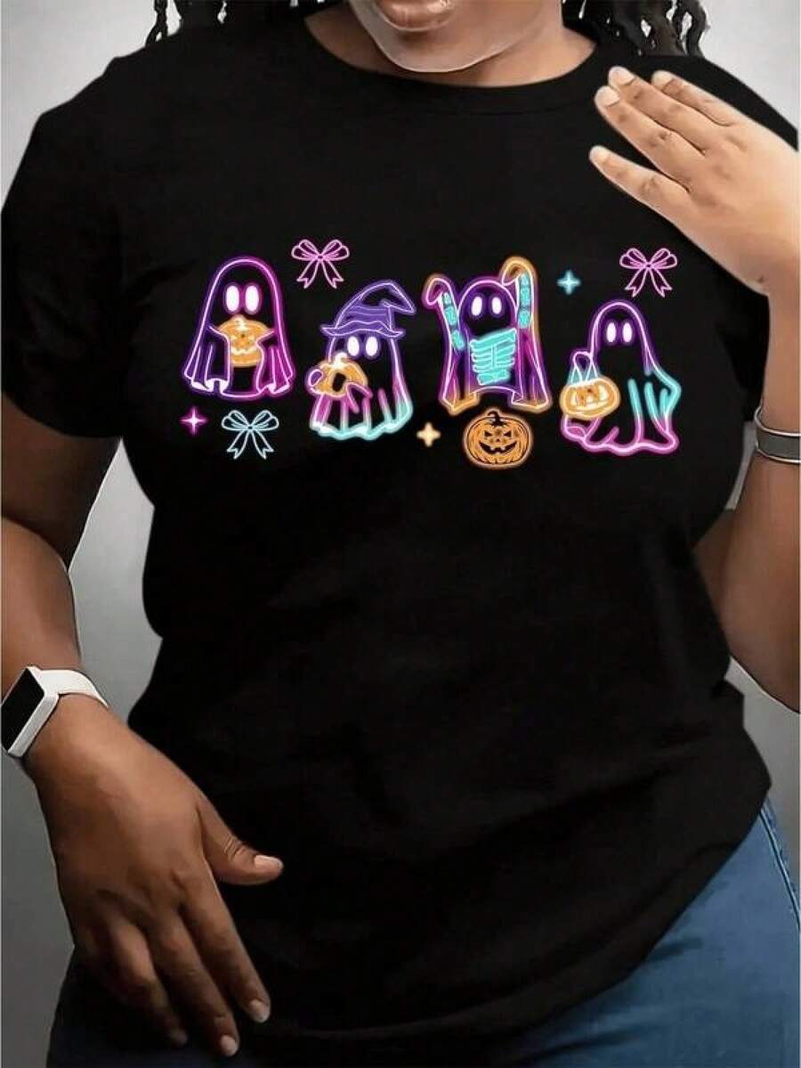 1 Piece 180g Unisex Loose Crewneck Short-Sleeve T-Shirt Camiseta de Halloween para Mujer - Estampado Espeluznante con Fantasmas, Brujas y Calabazas en - Poliéster Lavable a Máquina, Ropa de Fiesta o Uso Diario para Otoño - Cuello Redondo Casual, Moda Festiva, Tela Duradera, Prenda Divertida para Fiestas, Disfraces de Temporada - Negro - Ver 1