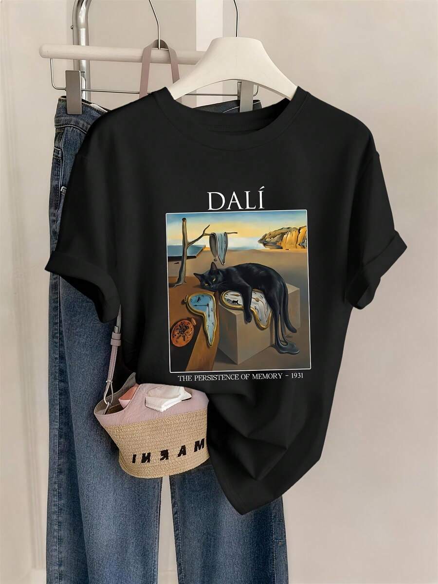 Dali's Memory: The Persistent Black Cat, A Women's Spring/Summer T-Shirt With Surrealist Art Prints, Fitted Design, Round Neck, Suitable For Casual Everyday Wear, New 2026 Style! Comfortable And Soft, Cotton T-Shirt For Everyday Wear. - 黑色 - 查看 1