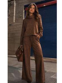 Women's Set In Elegant And Comfortable Ribbed Knit Fabric, Winter Fashion, Chic Blogger Style - 鏽棕色 - 查看 7