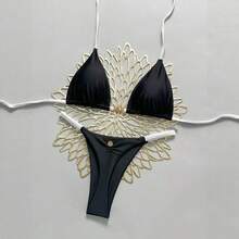 Nuevo bikini sexy, traje de baño de dos piezas para mujer con cuello halter y color sólido. - Blanco - Ver 3