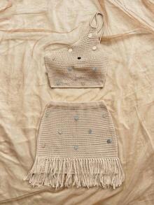 Conjunto de dos piezas de suéter elegante bohemio tropical con flecos y lentejuelas, para mujer, casual, vacaciones, estilo occidental, boda en la playa, graduación, brunch, Día de San Patricio, vacaciones de primavera, Pascua, festival de música, primavera/verano - Albaricoque - Ver 5