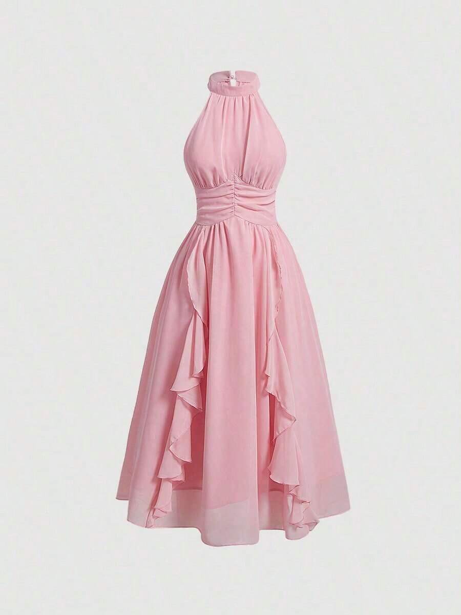 MOD Vestido elegante de cuello halter con pliegues y ribete de volantes para mujer - Rosa - Ver 1