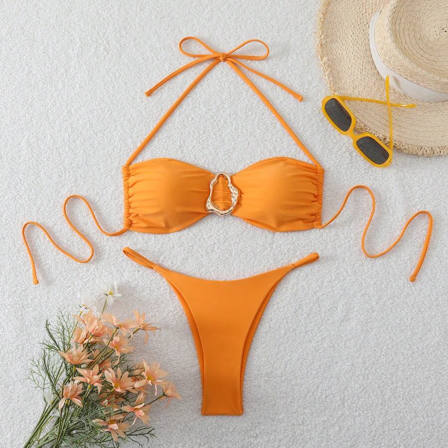 New Sexy Bikini, Two-Piece Swimsuit In Solid And Multicolor For Women. - Orange-red - View 1