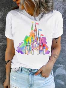 1 camiseta con estampado de castillo de dibujos animados, 180g, 100% algodón - Blanco - Ver 1