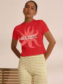 Women's & Men's Camiseta Baby Tee Ajustada con Estampado de Sol  para Hombre y Mujer, Primavera, Vacaciones, Boho, Ibiza, Elegante, Playa, Bonita, Regreso a Clases, Elegante, Verano, Carnaval, Vacaciones, Casual - Rojo - Ver 8