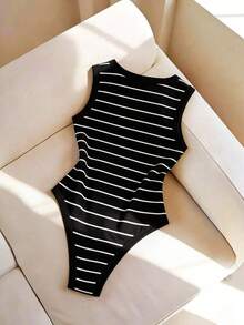 Mono de mujer para primavera/verano, mono de tirantes de cuello redondo para mujer, mono ajustado de punto para mujer, mono a rayas, uso diario casual, mono de verano para mujer, mono para vacaciones en la playa, se puede usar solo o combinado co - Blanco y Negro 2 - Ver 2